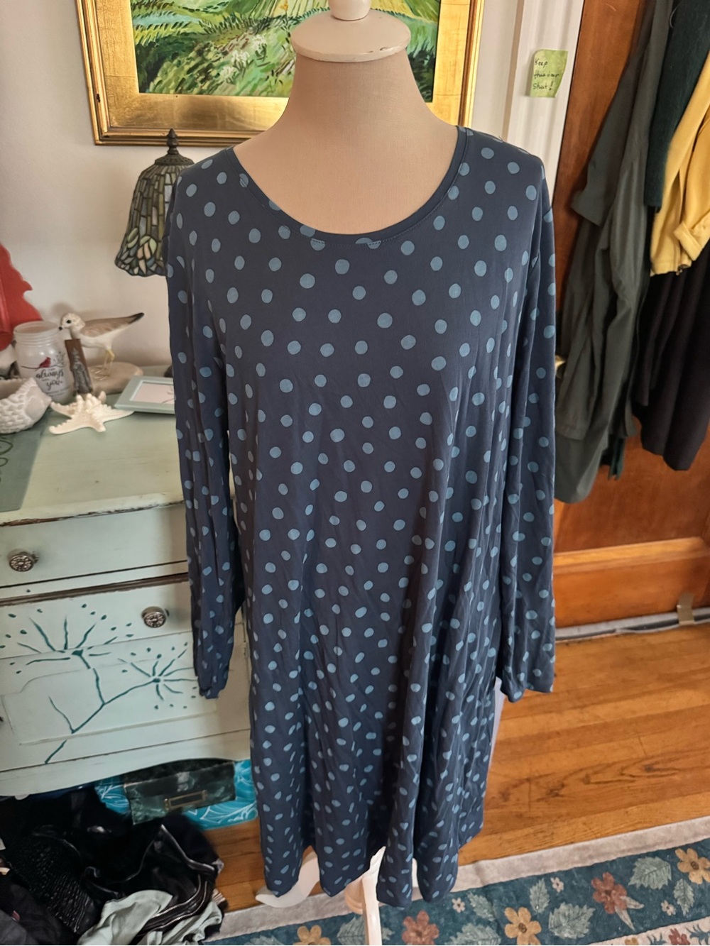 Gudrun Sjoden Blue Polka Dot Long Sleeve Tunic Dress L Organic Cotton VGUC